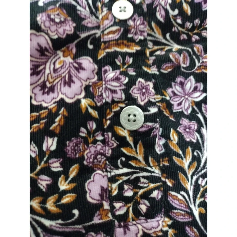 J.Jill Corduroy Floral Top Womens XL Purple Black Button Front Lace Trim Blouse